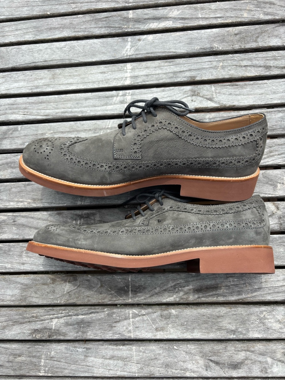 Tod’s Derby Bucature Wing Tip Lace Up Suede Oxfords Sage Green Size 11 - Picture 9 of 16